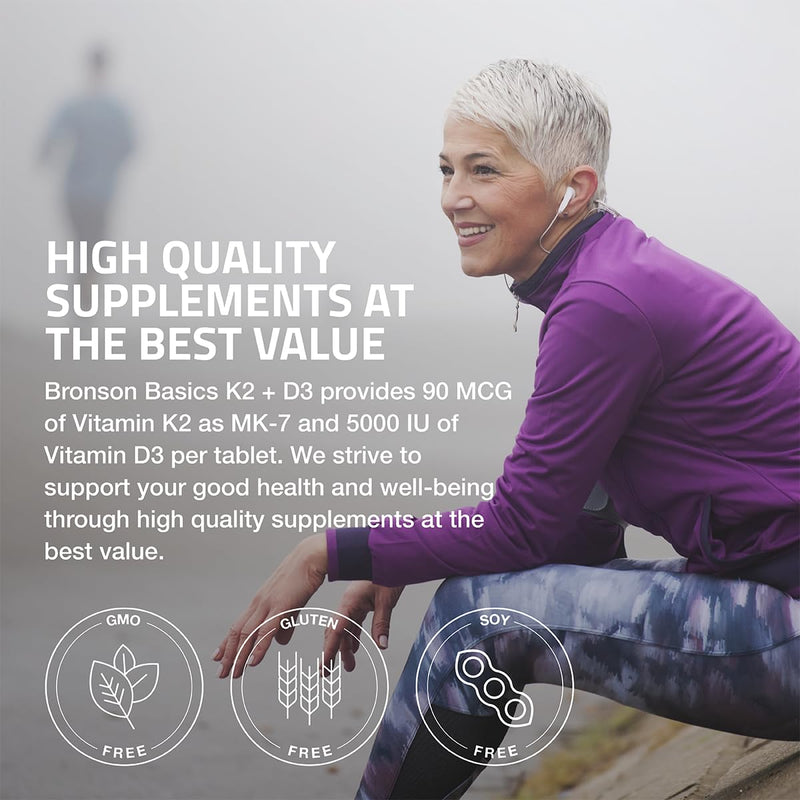 Bronson Vitamin K2 D3 (MK7) Supplement 2-in-1 D3 & K2 Complex, 200 Tablets | Bone, Immune & Heart Health Support, Gluten-Free, Soy-Free, Non-GMO, Vitamin D3 5000 IU (125 mcg) & 90 mcg K2 MK-7 200 Count (Pack of 1)