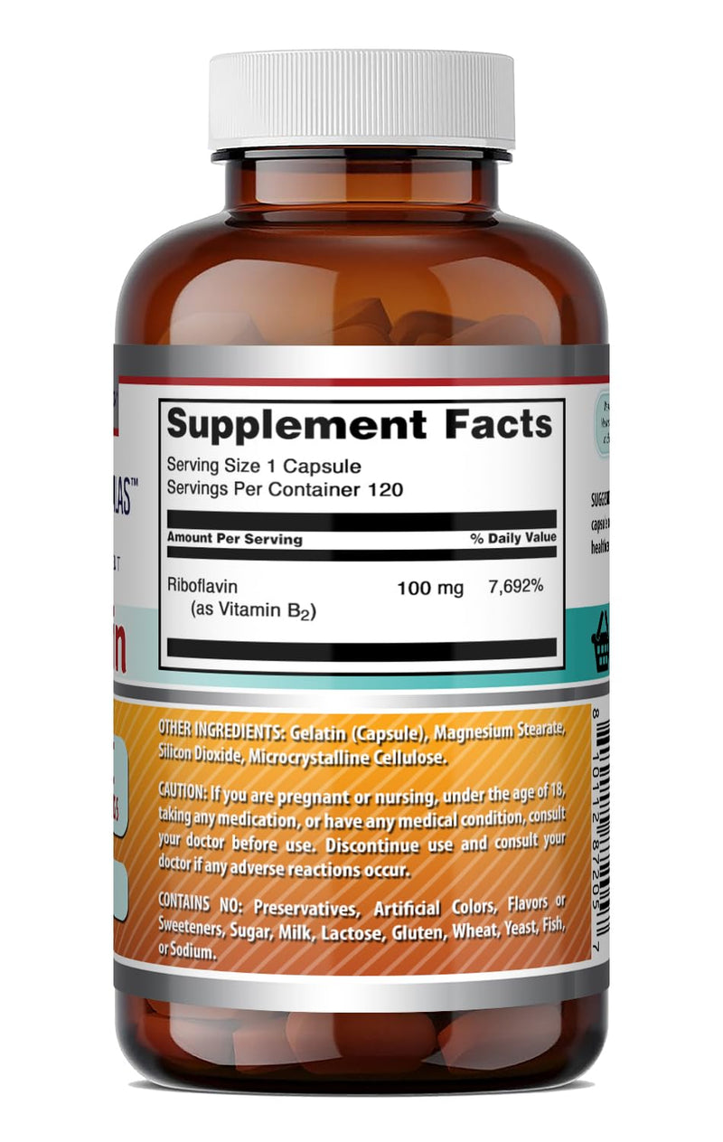Amazing Formulas Riboflavin (Vitamin B2) Supplement |100 Mg Per Serving | 120 Capsules | Non-GMO | Gluten Free | Made in USA