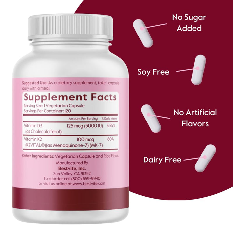 BESTVITE Vegan Vitamin D3 5000IU + Vitamin K2 100mcg as MK-7 (120 Veg Caps) | No Stearates - Vegan - Non GMO - Gluten Free - Vitamin D3 Supplement - Heart Health & Immune Support* - Easy to Swallow Caps 120 Count (Pack of 1)