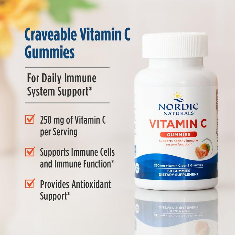 Nordic Naturals Vitamin C Gummies, 250mg Vegan, Tart Tangerine - 60 Count | Supports immune health, antioxidant protection, child growth & development. Tart tangerine flavor gummies for kids & adults 60 Count (Pack of 1)
