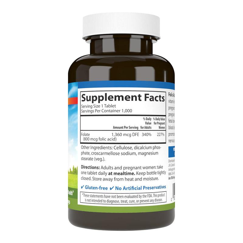 Carlson Folic Acid, 800 mcg, Prenatal Support, 1000 Tablets | Fetal Development; Important B Vitamin for Pregnant Women 1000 Count (Pack of 1)
