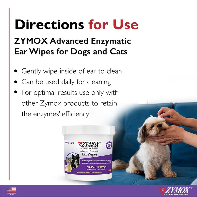 ZYMOX Enzymatic Ear Wipes and Otic Ear Solution Hydrocortisone Free for Dogs and Cats - Product Bundle - For Dirty, Waxy, Smelly Ears and to Soothe Ear Infections, 100 Count Wipes and 1.25oz bottle - PawsPlanet Australia