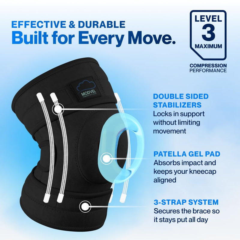 Modvel ELITE Knee Brace for Men & Women – Patella Gel Pads & Side Stabilizers for ACL, Meniscus Tear, Arthritis & Injury Recovery – Maximum Support for Running, Sports & Joint Pain Relief L/XL A Black 1