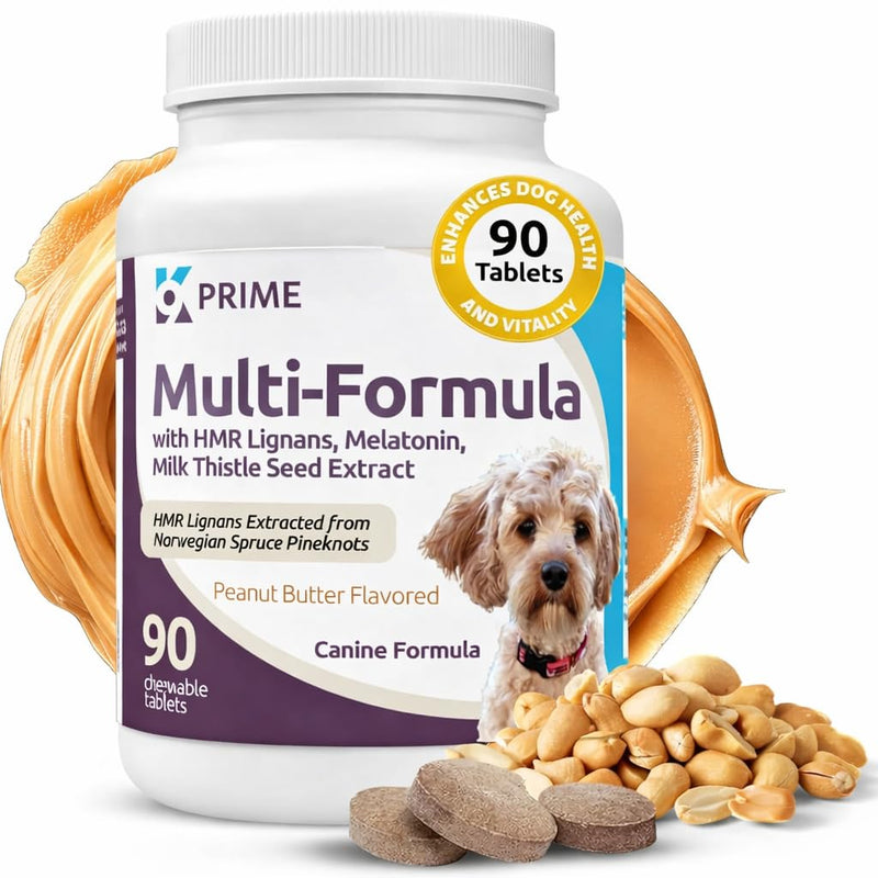 Prime HMR Lignans for Dogs - Multi-Formula Dog Vitamins for Medium Dogs - 10mg HMR Lignans, 1mg Melatonin,Milk Thistle - Helps Heart, Liver, Digestion Health, 90 Capsules -Peanut Butter Flavor