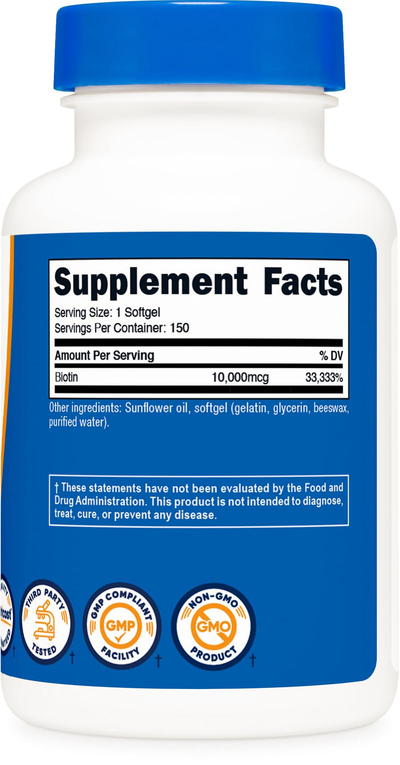 Nutricost Biotin (10,000mcg) 150 Softgels - Gluten Free, Non-GMO