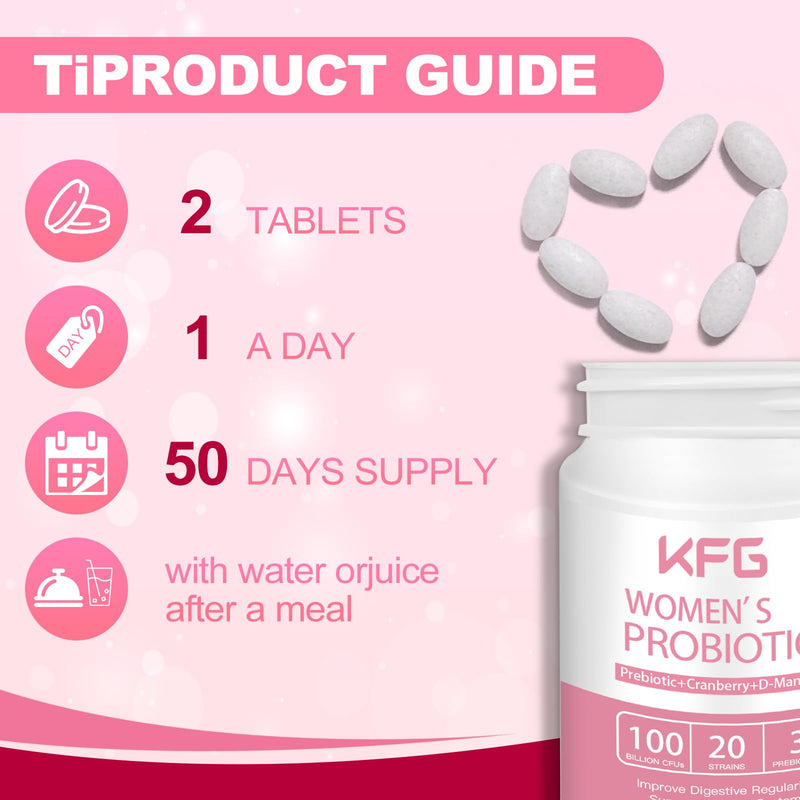 KFG Women's Probiotic, 100 Billion CFUs, 20 Strains, with Organic Prebiotics+Cranberry & D-Mannose, for Boost Immune, Digestive, Gut, Vaginal & Urinary Health, Gluten Dairy & Soy Free, 100 Tablets. - BeesActive Australia