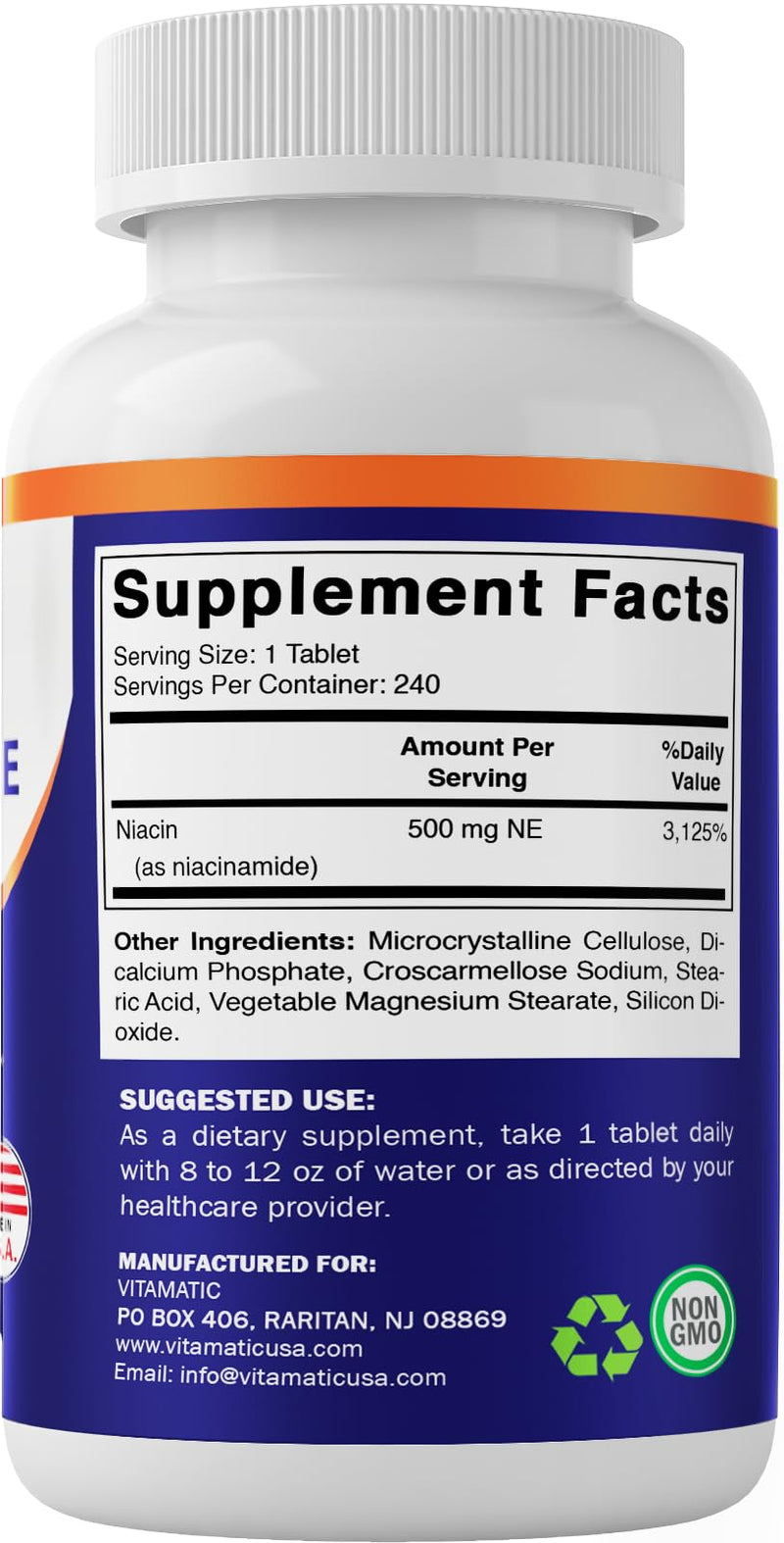 Vitamatic Niacinamide 500 mg 240 Tablets - Flush Free Vitamin B3 - Supports Energy Production (Pack of 2) 240 Count (Pack of 2)