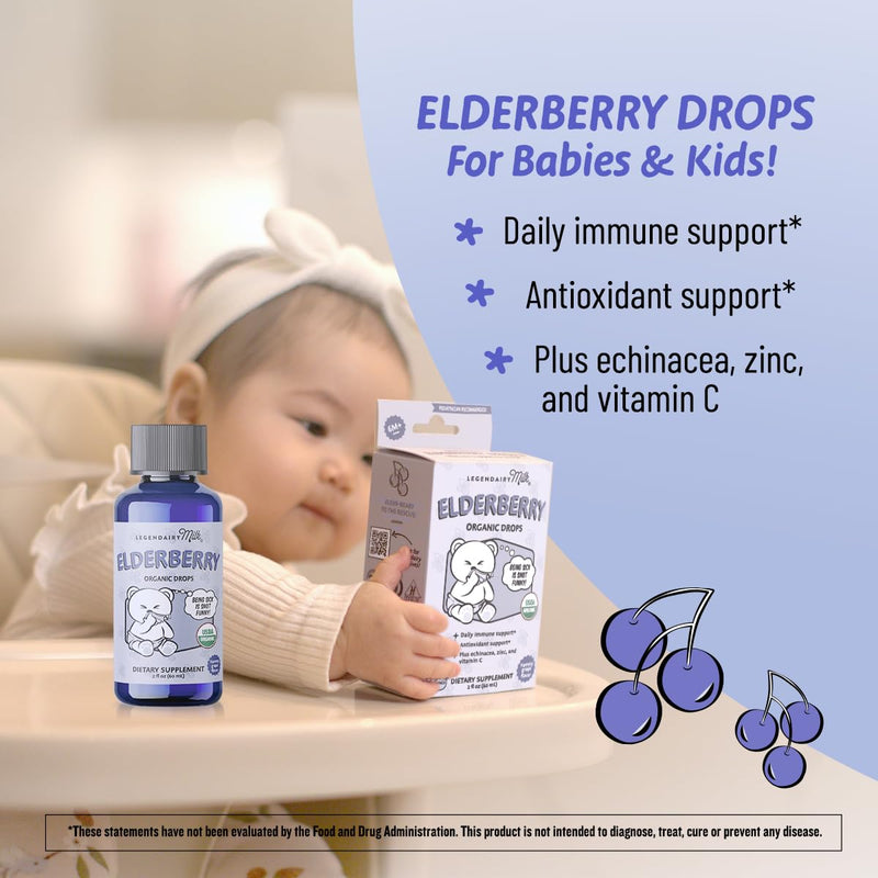 Legendairy Milk Organic Baby Elderberry Syrup Drops, Vitamin C & Zinc 2oz | Sugar-free multivitamin drops with Echinacea support daily immune health for babies 6 months+. Mixes easily with food