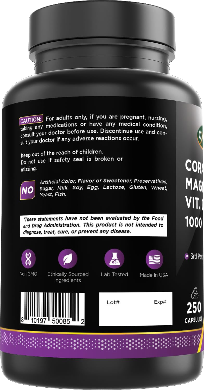 Oxify Coral Calcium + Magnesium + VIT. D3 1000 mg | 250 Capsule | Gluten-Free, Non-GMO | Supplement Made in USA