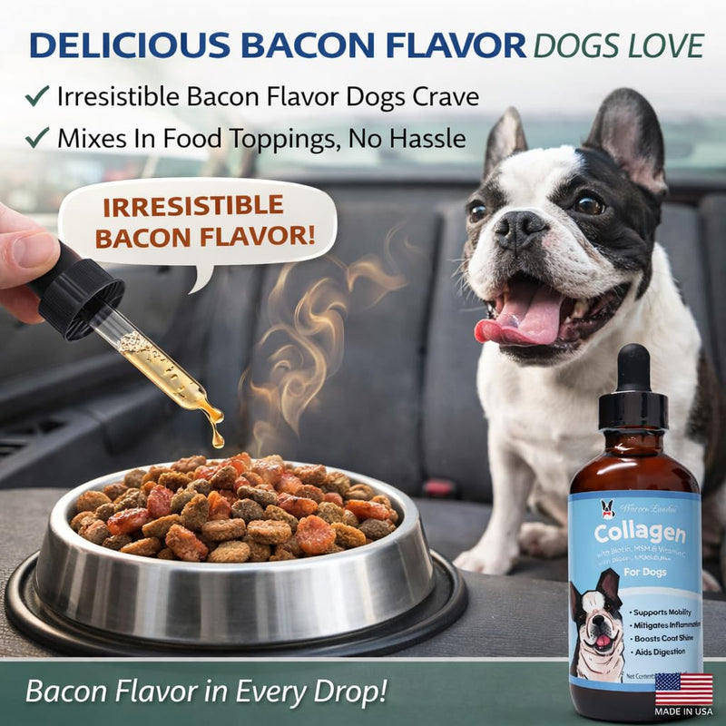 Warren London Liquid Collagen for Dogs – Skin & Coat Support, Joint Mobility Supplement with Collagen Peptides, MSM, Biotin & Vitamin C – Shedding Support Food Topper, Bacon Flavor, Made in USA