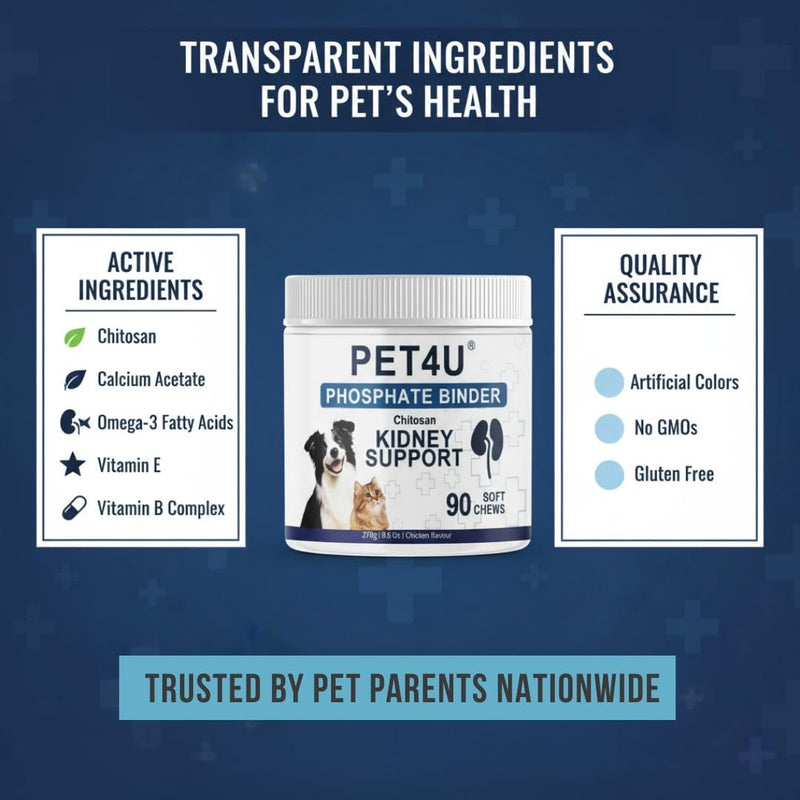Kidney Support for Dogs & Cats - Advanced Phosphate Binder Soft Chews for Renal Health - Chitosan, Omega-3s, B Vitamins - Promotes Kidney Function & Vitality - 90 Count