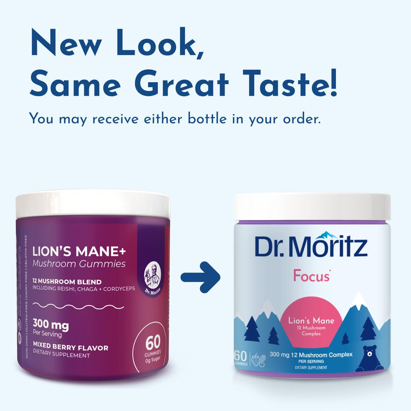 DR. MORITZ Lions Mane Gummies for Adults and Kids 4+ - Mushroom Gummies with 12-in-1 Blend Including Reishi & Chaga - Lions Mane for Kids and Adults - No Sugar Added, Non-GMO (120 Count) 60 Count (Pack of 2)