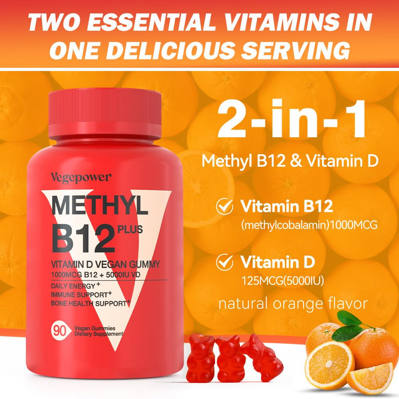 Vegan Vitamin D3 & B12 Gummies, Methyl B12 Supplement for Adults & Kids | Enhanced with Vitamin D for Natural Energy, Immune, Metabolism & Focus, Orange, 90 Gummies 90 Count (Pack of 1)