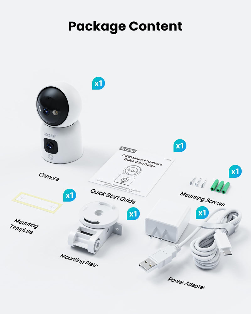 ZOSI indoor surveillance camera with dual lens 3MP+3MP, 2.4/5G WiFi, button/OK gesture call, AI person detection and tracking, color night vision, C528D white 3MP+3MP dual camera - BeesActive Australia