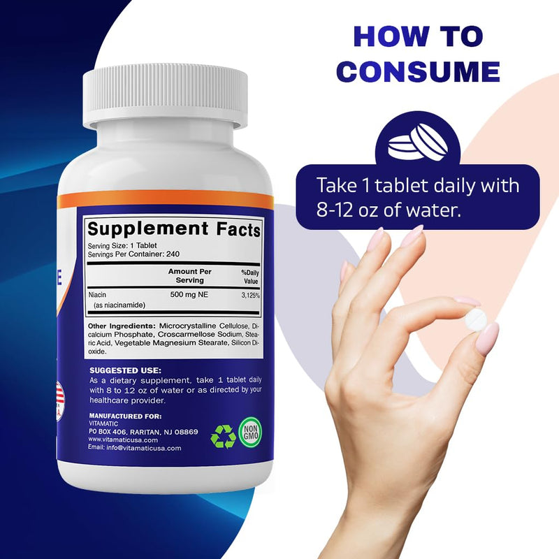 Vitamatic Niacinamide 500 mg 240 Tablets - Flush Free Vitamin B3 - Supports Energy Production (Pack of 2) 240 Count (Pack of 2)