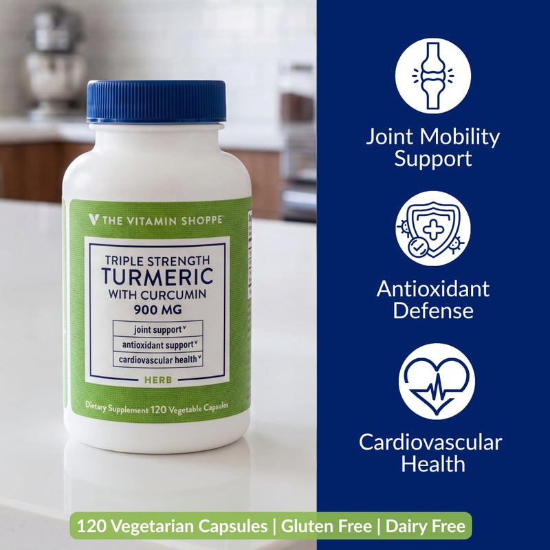 The Vitamin Shoppe Brand Triple Strength Turmeric 900 MG, 120 Capsules | Includes BioPerine (Black Pepper Extract), Joint Mobility & Antioxidant Support, Vegetarian, Gluten Free Unflavoured 120 Count (Pack of 1)