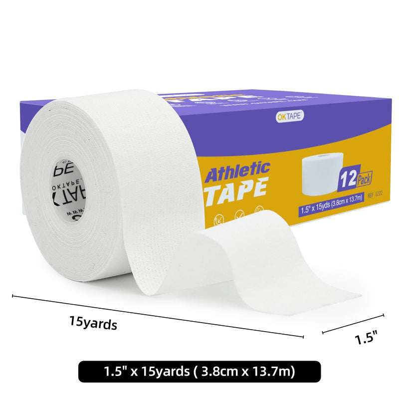 OK TAPE 12 Rolls Athletic Tape, Sports Tape for Injuries, Rigid, Easy Tear Medical Tape, Wrist Tape, No Sticky Residue | Secure Ankle, Finger, Knee- 1.5inch x 15yards (White) 15 yards White-12 Rolls - BeesActive Australia