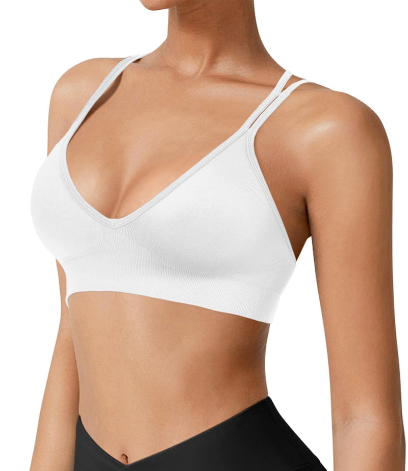 VEQING Seamless V-Neck Women Sports Bras, Padded Cross Back Wireless Low Impact Workout Yoga Bras for Small Chests, 3 Pack X-Large 3pack(black+white+gray)
