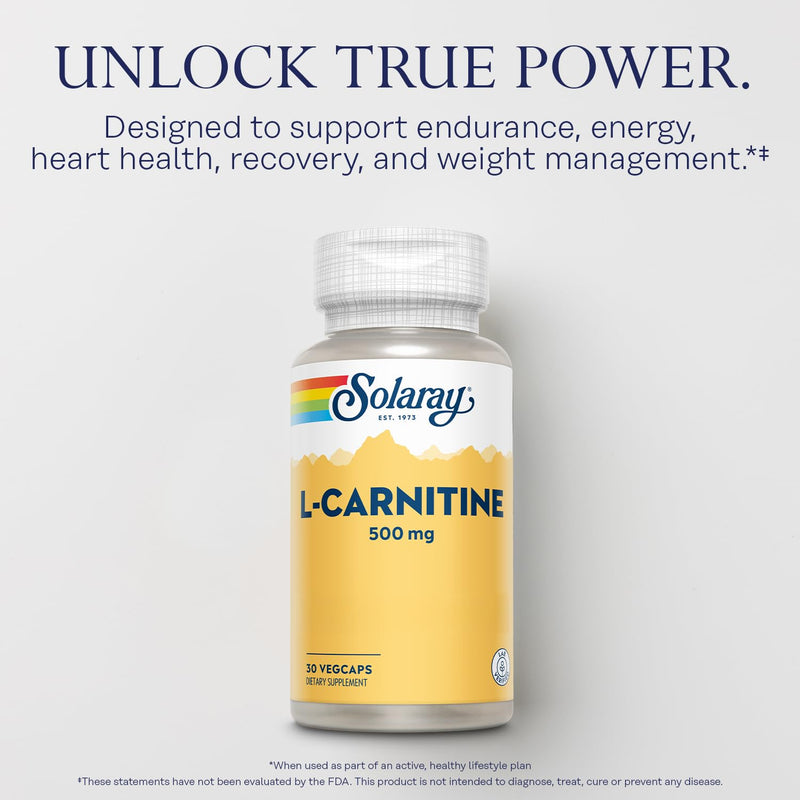 SOLARAY L-Carnitine 500 mg, Free Form Amino Acid, Lab Verified, GMP Facility, 60-Day Money-Back Guarantee, 30 Servings, 30 VegCaps