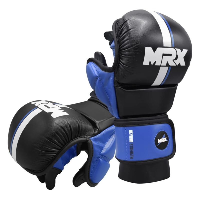 MMA Sparring Pro Gloves, with Open Ventilated Palm, Martial Arts Mitts Suitable for Men Women, Kara Cage Fighting, Combat Sports Training, Muay Thai, Punching Bag and Kickboxing Black/Blue S/M