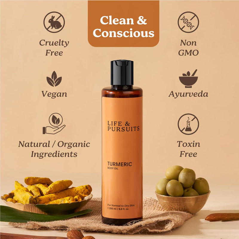 Life & Pursuits Turmeric Body Oil for Dry Skin 6.8 Fl Oz X 2 | Lightweight Daily Body Oil with Turmeric, Squalane & Vitamin E | Deeply Nourishes, Softens & Moisturizes | Fast-Absorbing Massage Oil 6.8 Fl Oz (Pack of 2)