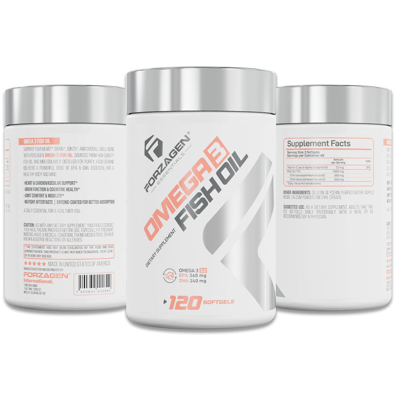 Forzagen Essentials Omega 3 Fish Oil Supplement, 120 Softgels, EPA 360mg DHA 240mg, Vitamin E, Daily Dietary Support