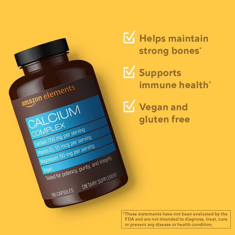 Amazon Elements Calcium Complex with Vitamin D, 250 mg Calcium (3 per Serving), Vegan, 195 Capsules (Packaging May Vary), Supports Strong Bones and Immune Health (Pack of 2) Unflavored 195 Count (Pack of 2)