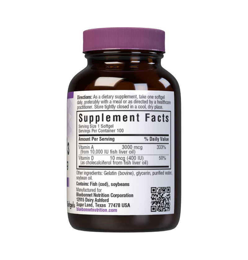 Bluebonnet Nutrition Vitamin A & D3 10,000 IU/400 IU from Deep Sea, Cold Water, Fish Oil - For Eye Health & Immune Function* - Gluten Free -Dairy Free -Molecularly Distilled -100 Softgel/100 Servings | For Eye Health & Immune Function
