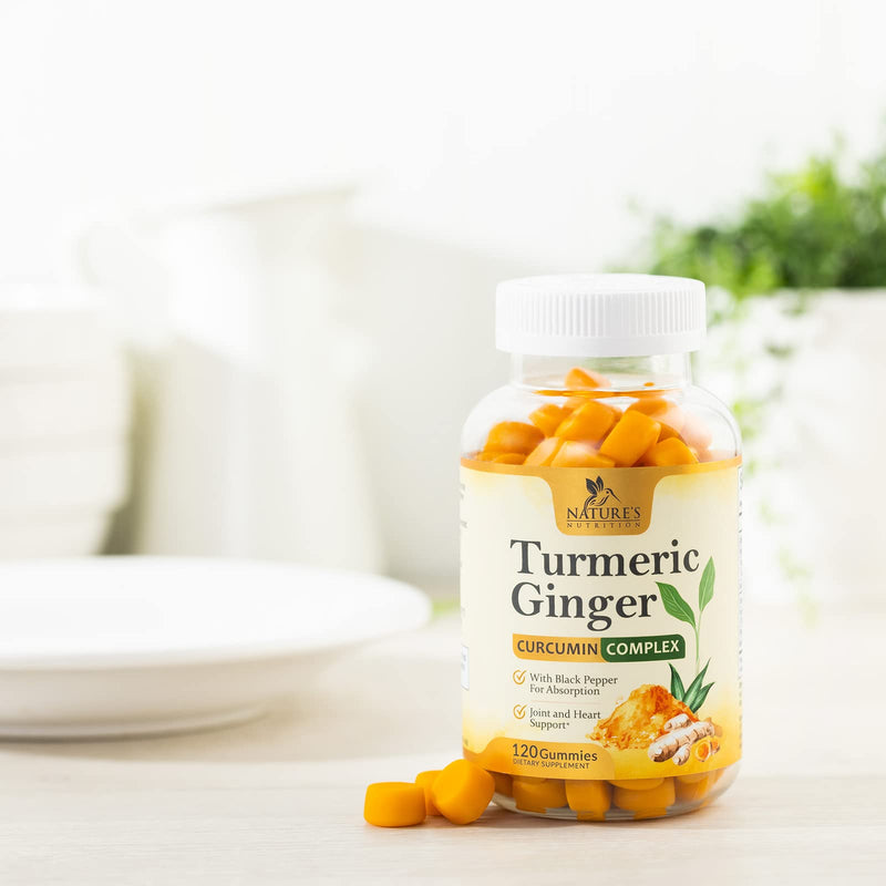 Turmeric Curcumin & Ginger Gummies 95% Curcuminoids with Black Pepper Extract for Max Absorption Joint Support, Nature's Tumeric Herbal Extract Supplement, Vegan Gummy Capsules, Non-GMO - 120 Gummies 120 Count (Pack of 1) - BeesActive Australia