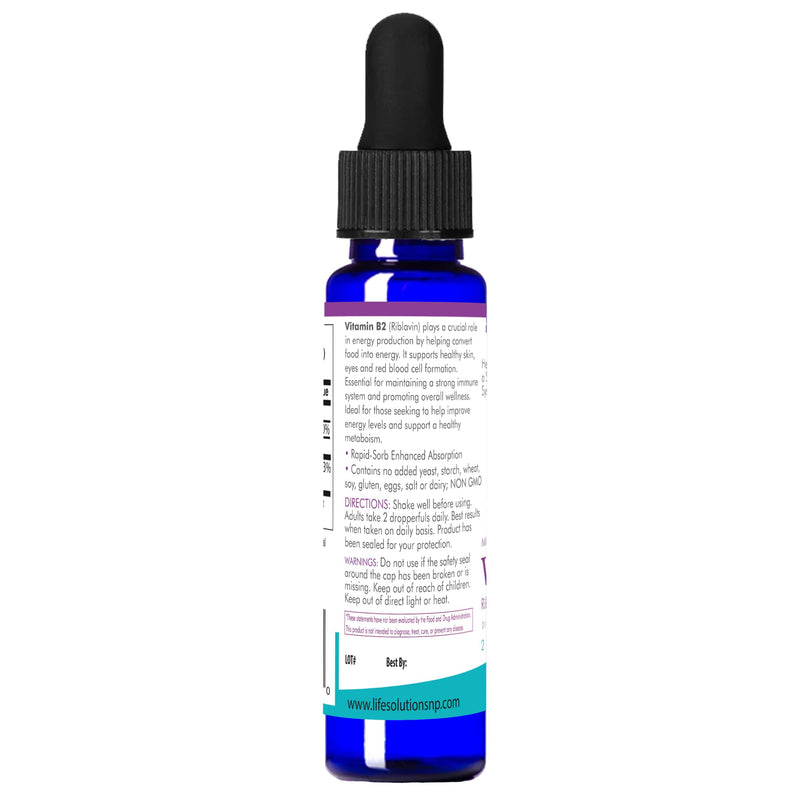 Life Solutions Liquid Vitamin B2 Riboflavin 25mg - 2 fl oz | 50mg Liquid Vitamin B2 (Riboflavin) with Rapid-Sorb technology for superior absorption & energy support.