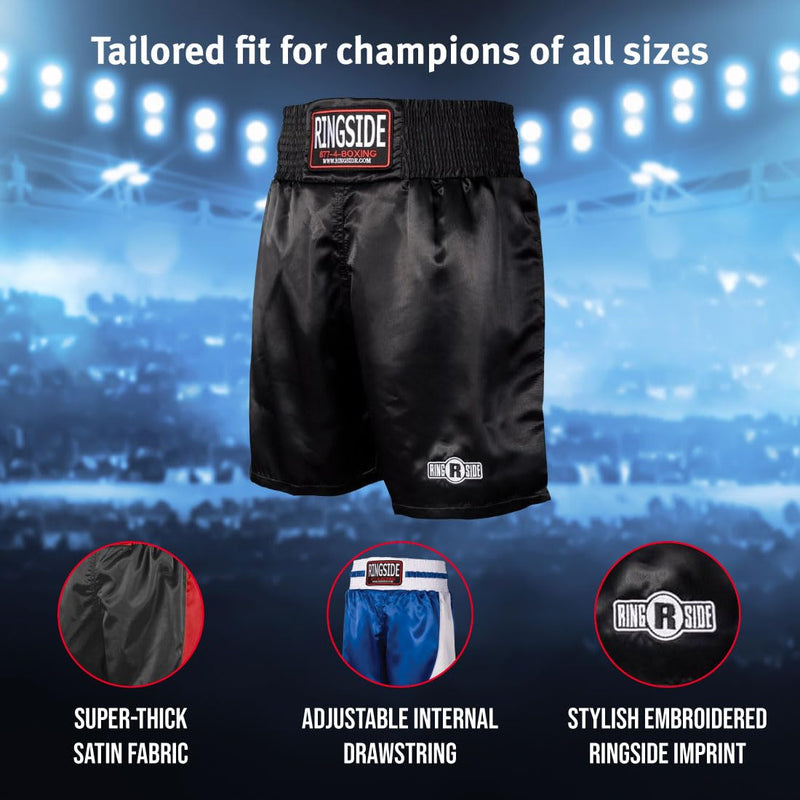 Ringside Pro-Style Boxing Trunks, Satin Shorts for Men and Women, Ideal for Boxing, MMA, Muay Thai Adult Large Black