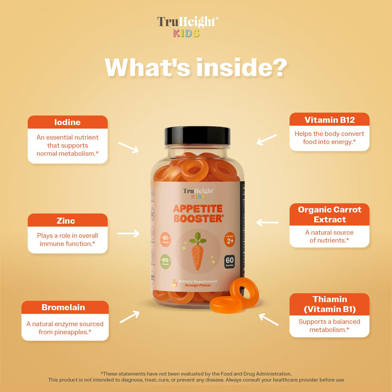 TruHeight Kids Appetite Booster Gummies (Orange, Ages 2+) All Natural Toddler & Kids Appetite Stimulant to Eat More - Weight Gain Supplements - Vitamins for Underweight Children - Picky Eater Vitamin 60 Count (Pack of 2)