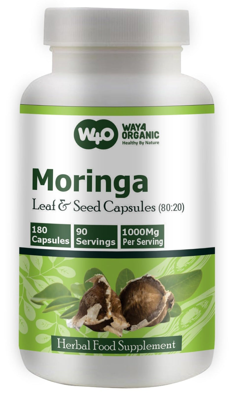 Moringa Oleifera Leaf and Seed Powder (80:20) Ratio 180 Capsules, 90 Servings, 1000 mg. Malunggay Leaf and Seed Powder, Green Superfood. Pack of 2.