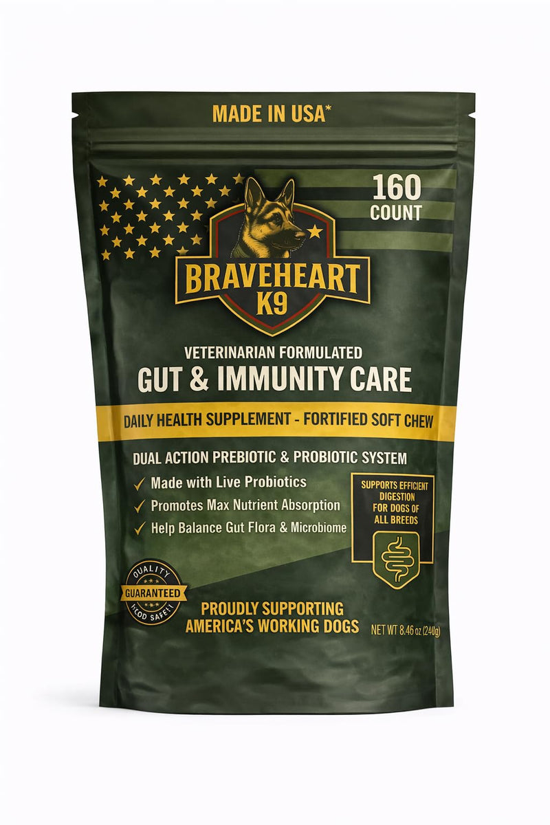 Braveheart K9 Gut & Immunity Care Dog Supplement, Veterinarian Formulated, Dual Action Prebiotic & Probiotic System, Fortified Soft Chew, 160 Count