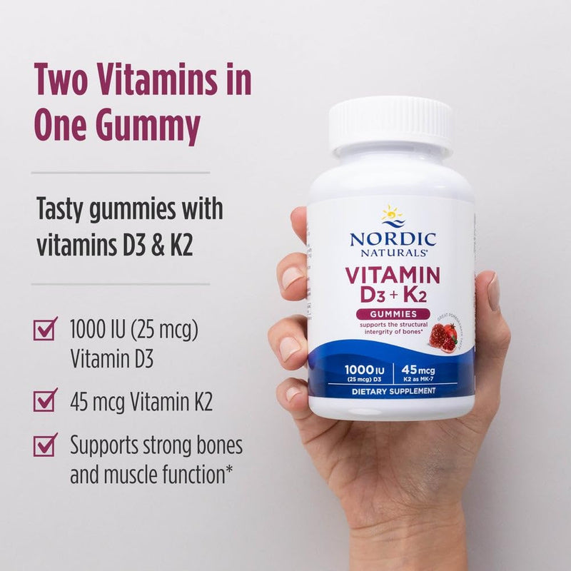 Nordic Naturals Vitamin D3+K2 Gummies, Pomegranate - 120 Count | 1000 IU Vitamin D3 + 45 mcg K2 per gummy supports bone health and muscle function. Non-GMO. Pomegranate flavor. 120 servings 120 Count (Pack of 1)