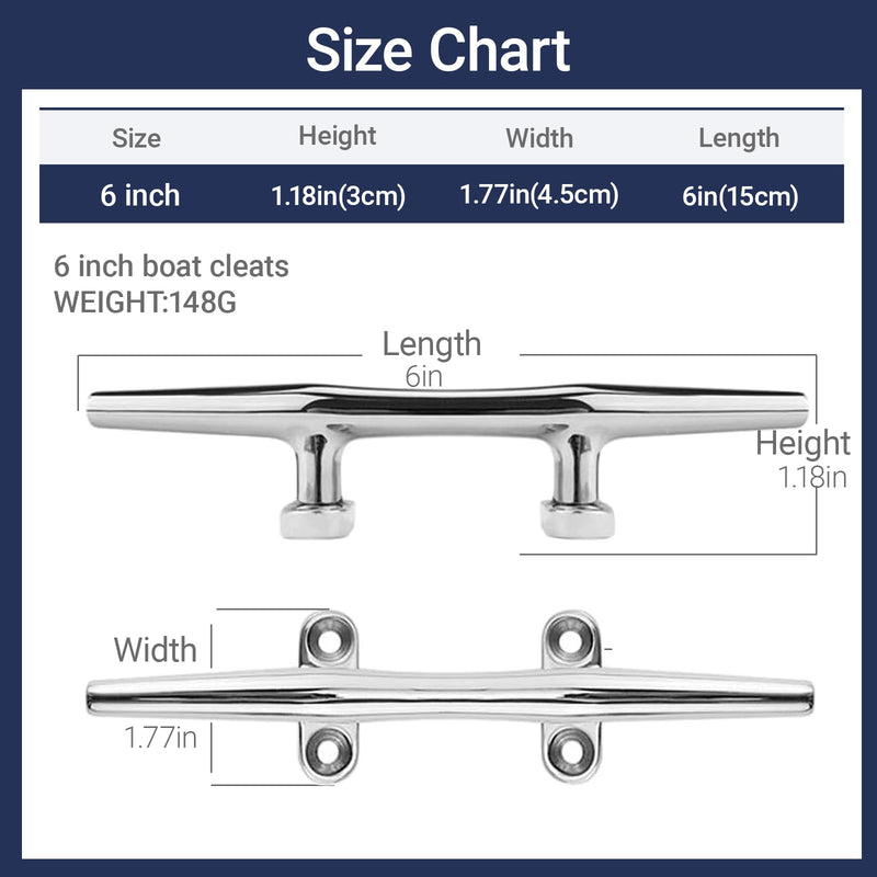 OSTARE Boat Cleats 4 inch,5 inch,6 inch,8 inch,10 inch,12 inch Marine Dock Cleats 316 Stainless Steel Rope Cleats Boat Mooring Accessories with Fasteners 6 inch 4 Pack