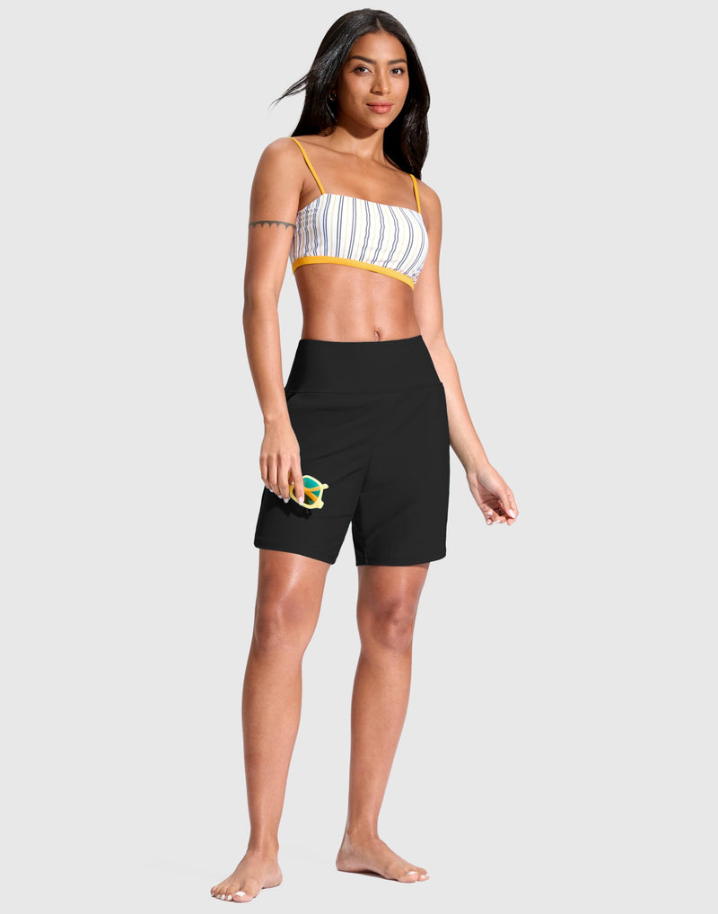 G Gradual Women's 7" Quick Dry Swim Board Shorts Swimming Bottoms High Waisted Beach Shorts for Women with Liner Pockets Large Black - BeesActive Australia