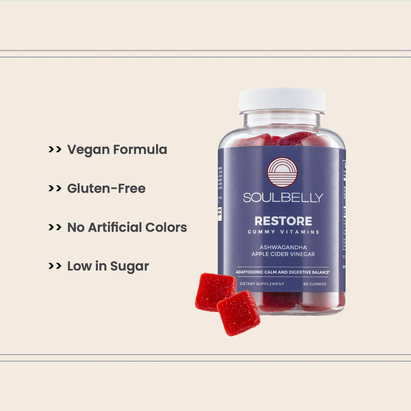 SOULBELLY Ashwagandha + Apple Cider Vinegar Restore Vitamin Gummies for Stress Relief, Gut Support and Better Sleep | Vegan | Gluten-Free | Non-GMO | 60 Count
