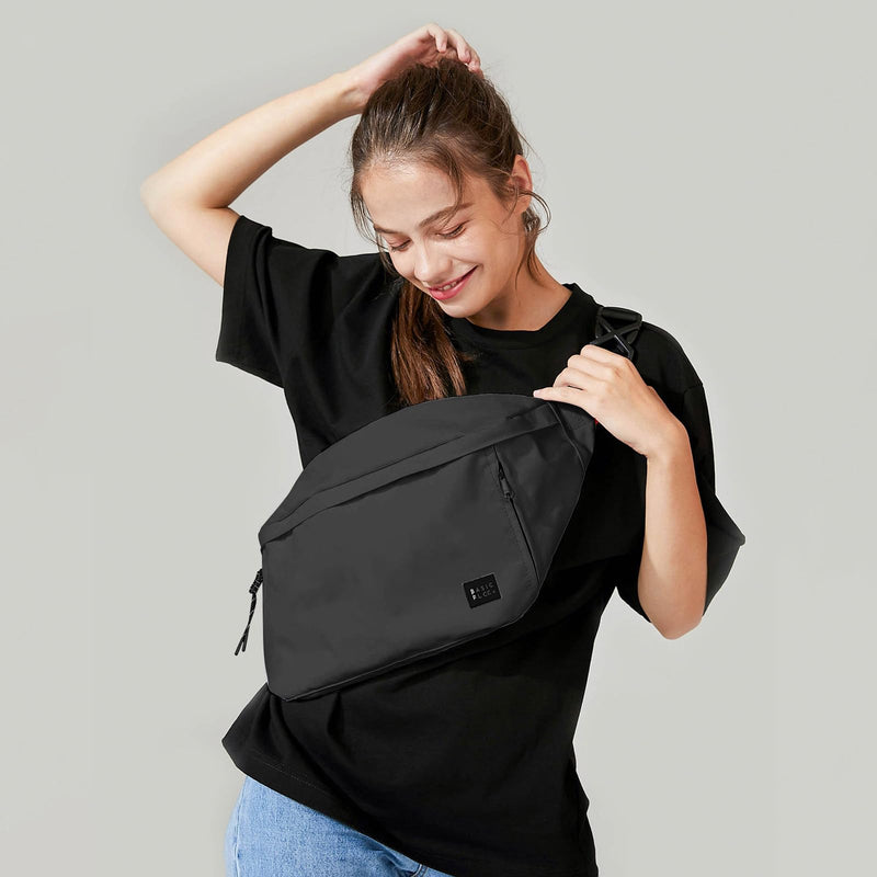 Large Crossbody Fanny Pack for Women Men,Water Resistant Waist Bag Pack with Adjustable Strap & 5-Zipper Pockets,Black B-Black(with 5 Zipper Pockets)