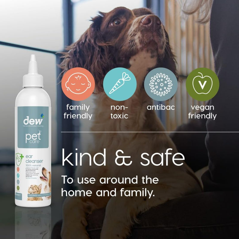 Dew Pet Ear Care 250ml: 100% Natural Dog Ear Cleaner Solution | Antibacterial Drops for Treatment of Dogs & Cat Ear Itching, Wax, Odour & Dirt | Fast Acting Aural Wash Prevents Infection 250 ml (Pack of 1)