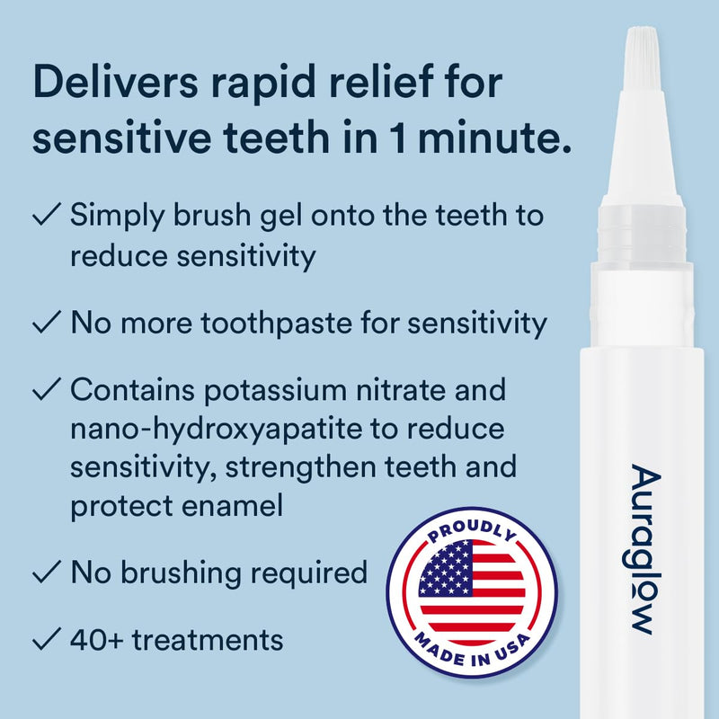 Auraglow Sensitive Teeth Relief Serum Gel, Reduces Tooth Sensitivity with Potassium Nitrate and Nano Hydroxyapatite, Remineralization Gel, Strengthens Teeth & Protects Enamel, 40+ Treatments, 4ml