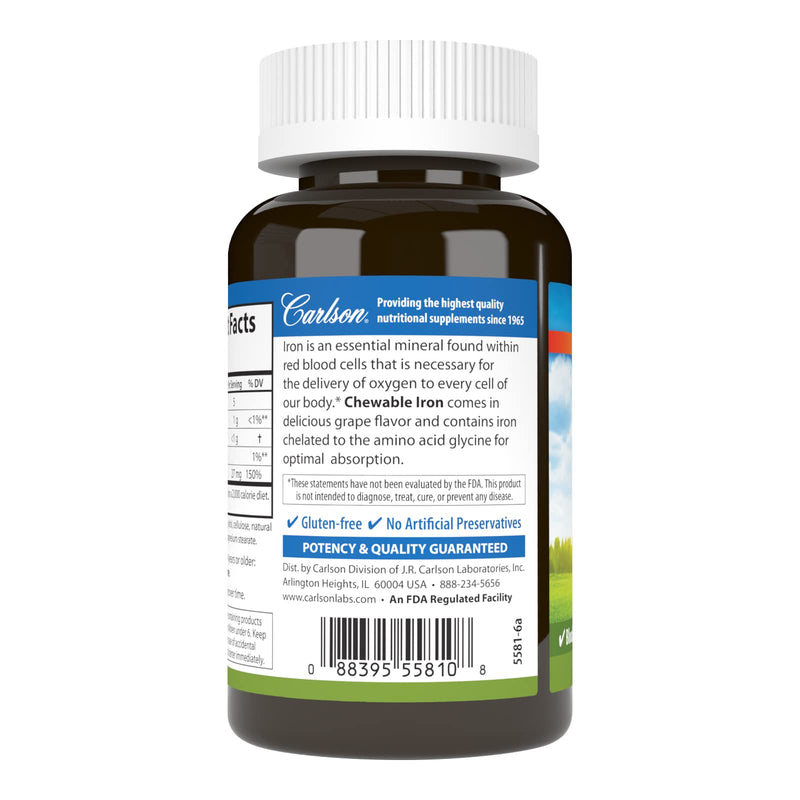 Carlson Chewable Iron, 27 mg, Superior Absorption, 60 Chewable Tablets | Grape; Energy Production; Optimal Wellness Natural Grape 60 Count (Pack of 1)