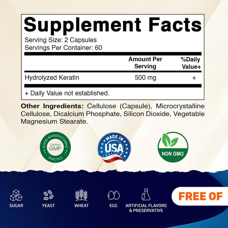 Vitamatic Hydrolyzed Keratin 500mg per Serving - 120 Vegetarian Capsules - Keratin Supplements for Healthy Hair Skin & Nails for Adults-2 Pack