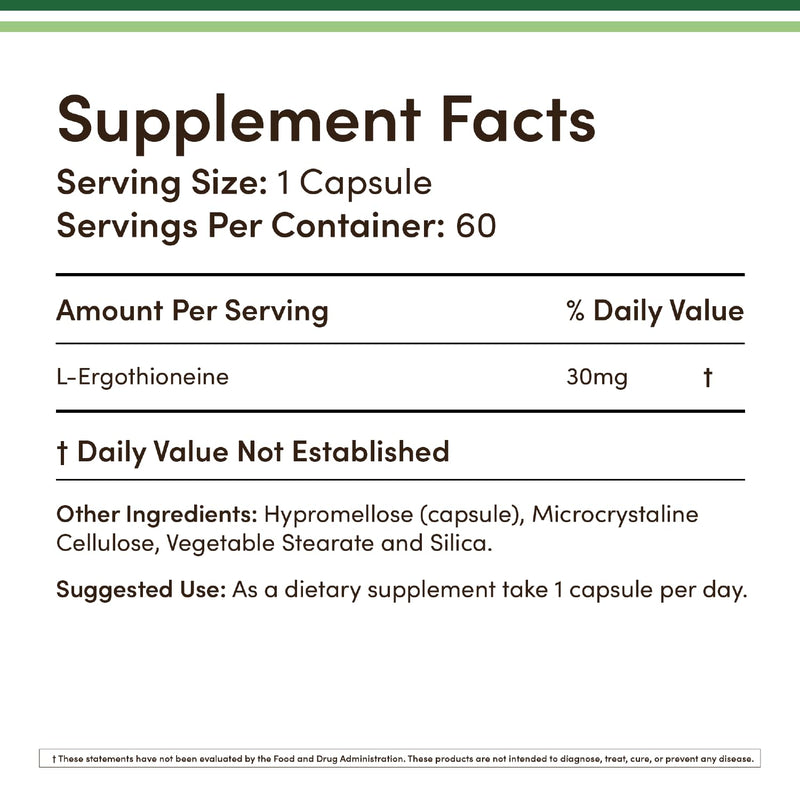 L-Ergothioneine 30mg EGT, Antioxidant + Healthy-Aging Support, 60 Capsules | Antioxidant + Healthy-Aging Supplement, Real 30mg (Many Give ~5mg), Mushroom-Sourced 'Longevity Vitamin', Vegan, COA by Lot 60 Count (Pack of 1)