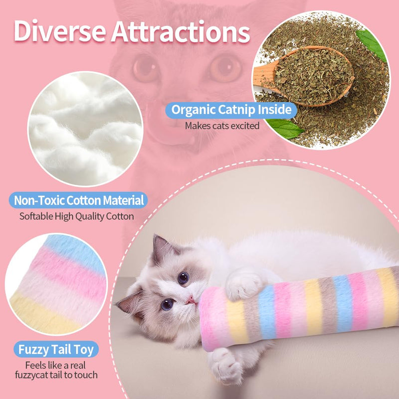 Catnip Toys, Interactive Cat Toys for Indoor Cats, 3 Pack Cat Pillows/Animal Tail, Rainbow Colors, 9.5 Inches - BeesActive Australia
