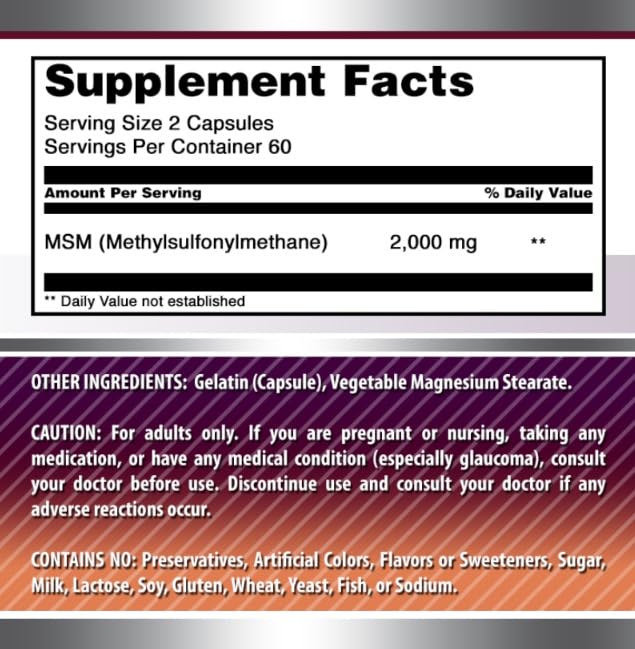 Amazing Formulas MSM (Methylsulfonylmethane) Supplement | 2000 Mg per Serving | 120 Capsules | Non-GMO | Gluten-Free | Made in USA Unflavored 120 Count (Pack of 1)