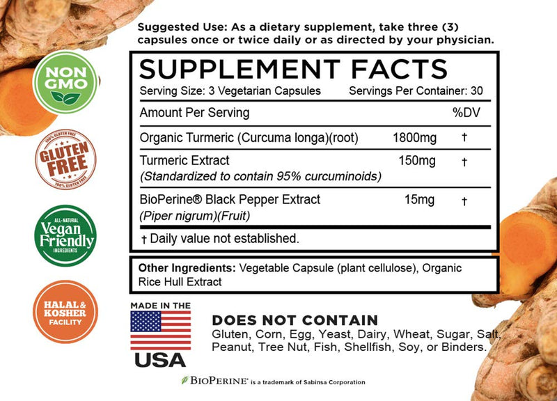 Turmeric Curcumin with BioPerine Black Pepper & 95% Curcuminoids, 1965mg, Maximum Absorption for Joint Support, Non-GMO Turmeric Capsules, Made in USA - 90 Veg Caps - BeesActive Australia