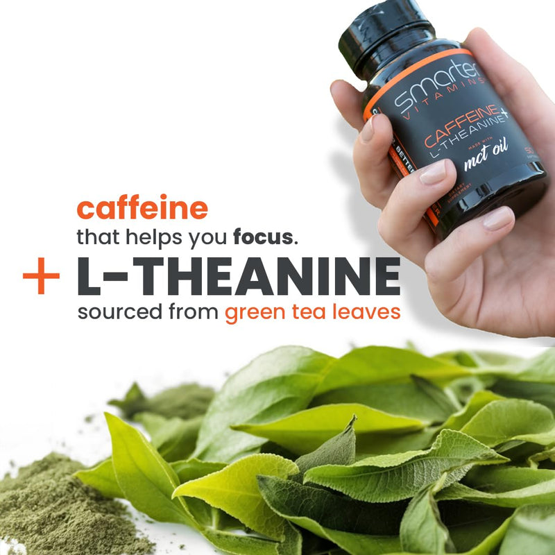 SmarterVitamins 200mg Caffeine Pills - MCT Oil from 100% Coconuts + 100mg L-Theanine, Energy and Focus, Extended Release Capsule, 50 Liquid Softgels - BeesActive Australia