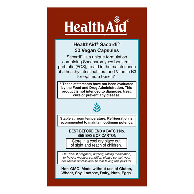 Sacardi Saccharomyces Boulardii – Once-Daily with Vitamin B3 & FOS | 5 Billion CFU | 30 Vegan Tablets | Dairy-Free & Acid-Resistant