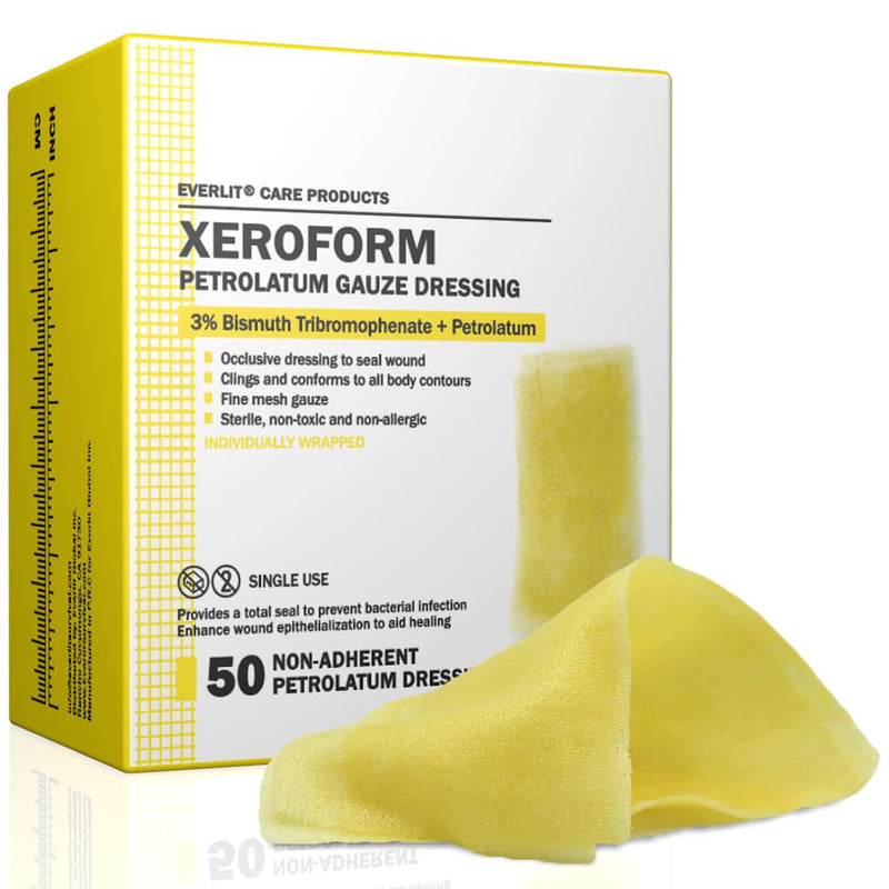 EVERLIT Xeroform Petrolatum Dressing | Sterile, Non-Adherent Occlusive Fine Mesh Gauze Pad | Non-Toxic, Gentle Patch for Burns, Laceration, Surgical Incisions & Skin Grafts (1" x 8" | Pack of 50) 1" x 8" | Pack of 50